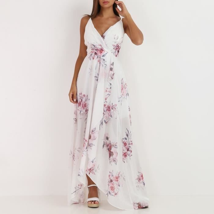 Robe longue blanche fendue à fleurs romantiques