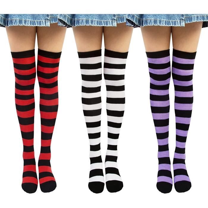 3 Paires Chaussettes Hautes Montantes à Rayures Femme Chaussettes Genoux  Filles Longues Cuisse Chaussettes Dessus du Genou Jambières Noir -  Cdiscount Prêt-à-Porter