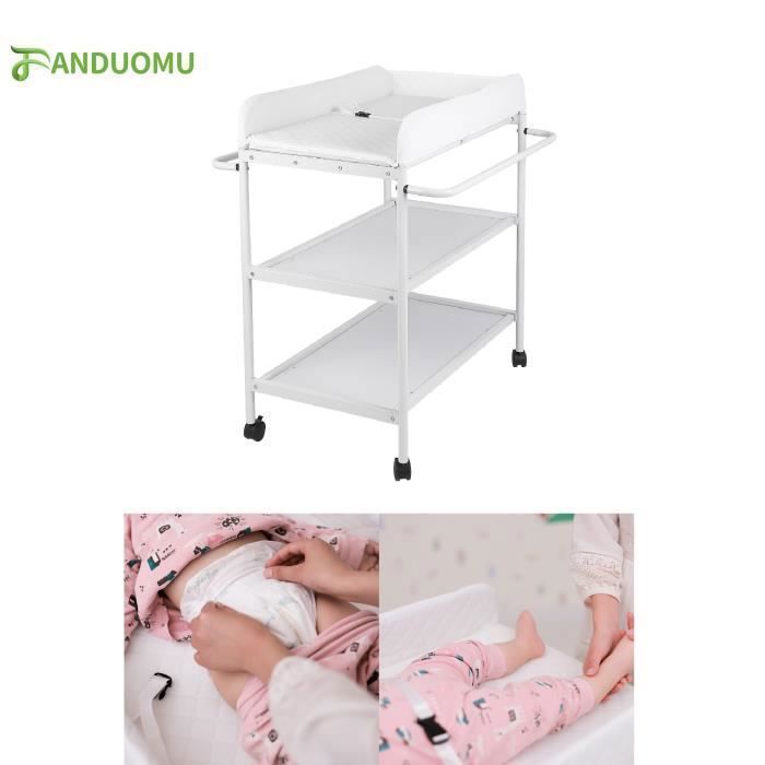 Table à Langer Pliable et Portable avec Rangement Ceinture de Sécurité Plan à Langer + 2 Etagères Roulettes Blanc