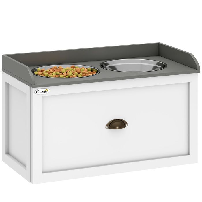 Gamelles chiens surélevées - PawHut - porte-gamelles chat rangement 2 en 1 tiroir 2 gamelles 2 L - acier inox bois - blanc gris