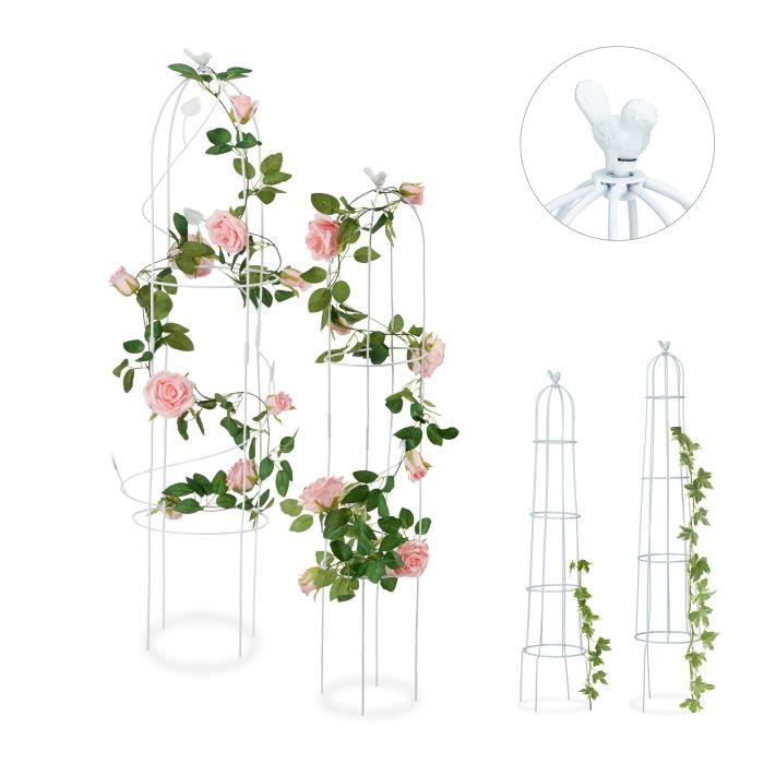 Relaxdays Tuteur de jardin Oiseau colonne rosier arche plante grimpante set 2 métal rose arceau, blanc - 4052025931773