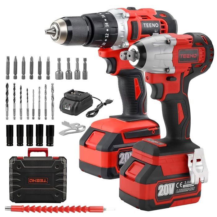 Pack 2 outils - TEENO - 20V - Clé à chocs brushless 320 Nm - Perceuse à percussion - 2×Batteries 3Ah