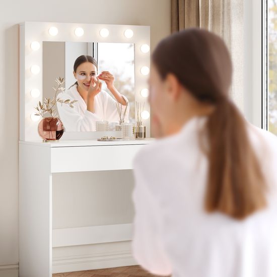 SIRHONA Coiffeuse Avec Miroir Et Éclairage LED, Ampoule à Luminosité Réglable, Table De Maquillage Avec Tabouret Et 1 Grand Tiroir, Coiffeuse De Chambre à Coucher, Noir