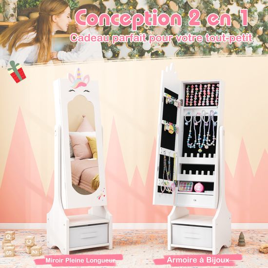Armoire à Bijoux Enfant Armoire à Miroir Inclinable 2 En 1 Avec Miroir Pleine Longueur Blanc