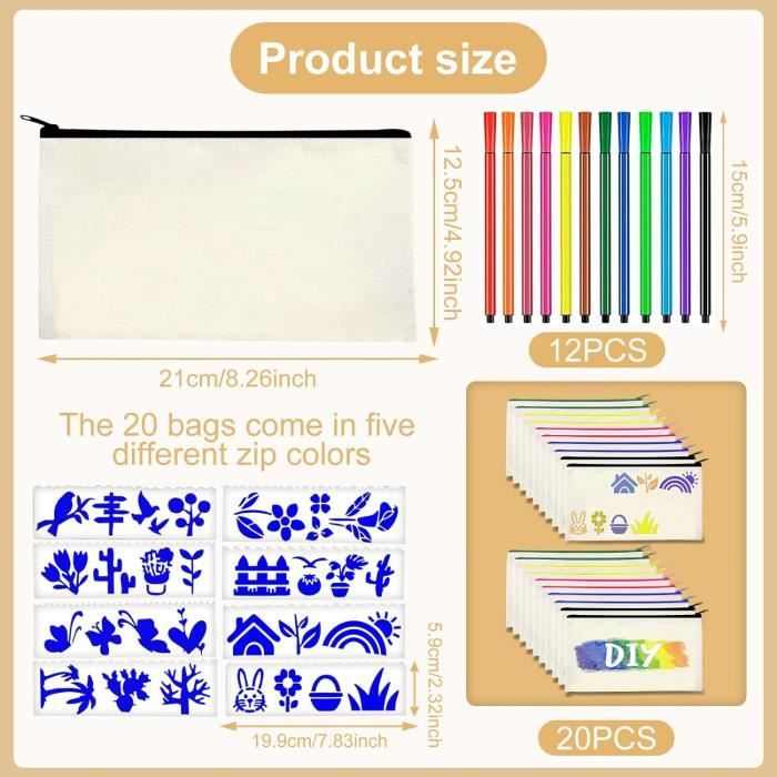 Kit 18 Trousse à Crayons Toile Vierge + 12 Crayons + 12 Gabarits - Pochette DIY Personnalisable Enfant