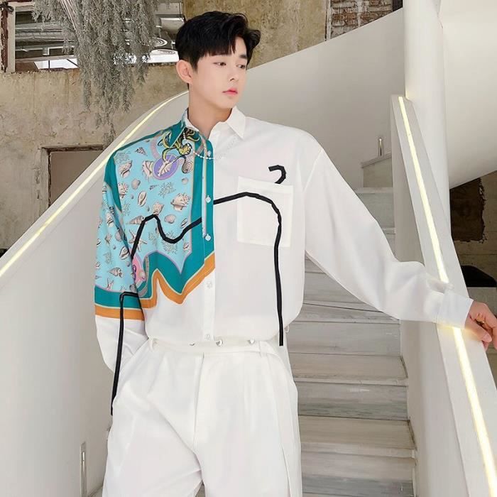 Chemise grande chemise en soie glacee pour homme ample decontractee legere tendance coreenne luxe ruban irregulier White B8979 Blanc Cdiscount Pret a Porter