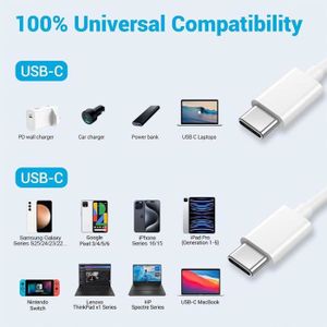 Câble USB Type C 1,5m Charge Rapide 6A - Nylon Blanc, Compatible Universel