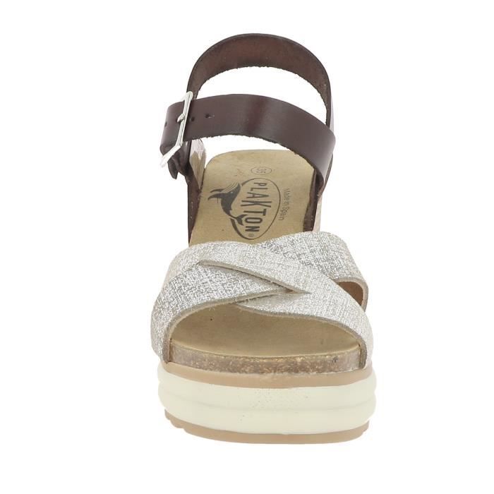 Sandales compensees PLAKTON Plantio Talon compense Cuir marron Brides croisees