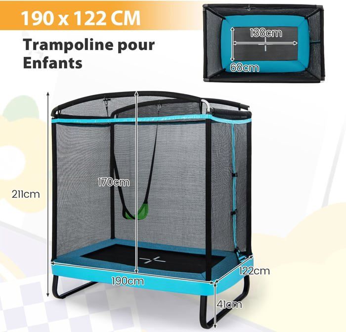 Trampoline Enfant ATAA 185cm – Filet, Escalier, Sécurité, Pour Jardin Et Intérieur