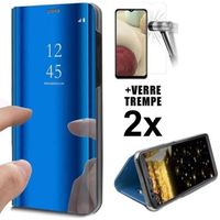 Coque pour SAMSUNG GALAXY A34 5G + 2 verres trempés Etui À Rabat Chromé Miroir Cover View bleu