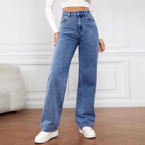 JEANS Pantalons jeans Femmes Taille haute Long elegant Droit Bleu Fonce