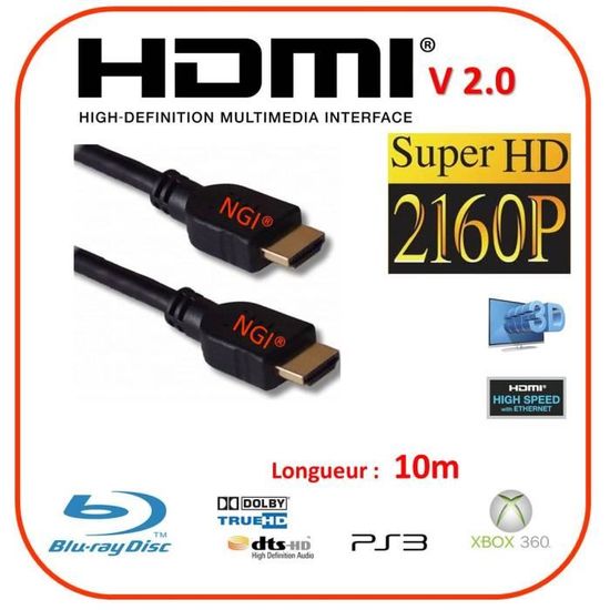 TV DVD CABLE HDMI 2.0 10m 3D 4K UltraHD 2060p noir - Cdiscount TV Son Photo