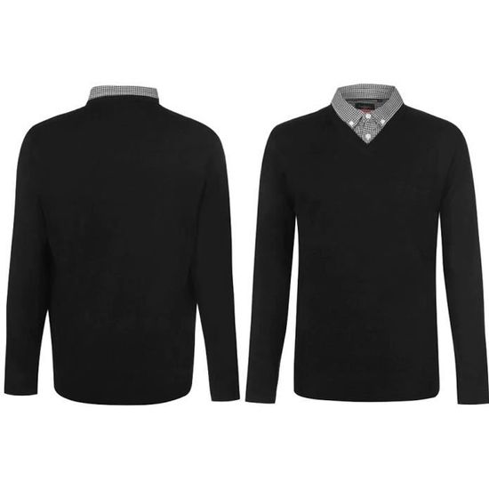 PIERRE CARDIN PULL HOMME NOIR FAUX COL CHEMISE EN V DU S AU XXXXL
