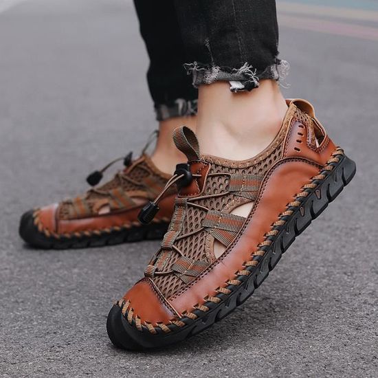 Sandale Sandales d ete en cuir pour hommes chaussures romaines respirantes decontractees semelles epaisses sandales a Blanc Cdiscount Chaussures