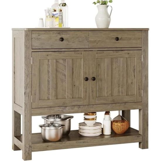 Meuble De Rangement Buffet En Rotin Et Blanc - 80x34x112 Cm, 2 Portes, étagères Réglables - Style Bohème Pour Salon, Cuisine, Entrée - 11