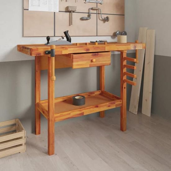 Établi En Bois Massif D'acacia Avec 4 Tiroirs Et 2 étaux - Dimensions 124x52x83 Cm - Pour Garage, Atelier