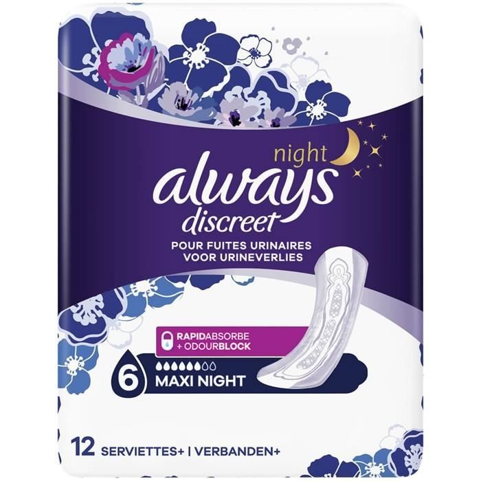 LOT DE 2 - ALWAYS : Discreet Night - Serviettes incontinence 6 maxi nuit 12 serviettes