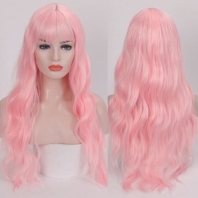 Pink- perruque synthétique bouclée frange - Perruque longue résistante à la chaleur, perruque crépue pour femmes -26 pouces