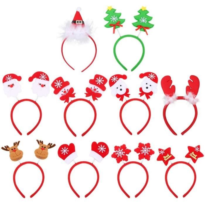 10pcs Lot de Serre-têtes Bandeau Noël pour Cheveux Bande Christmas Headband 10 Formes Mixtes Renne Père Noël Bonhomme de Neige Chape