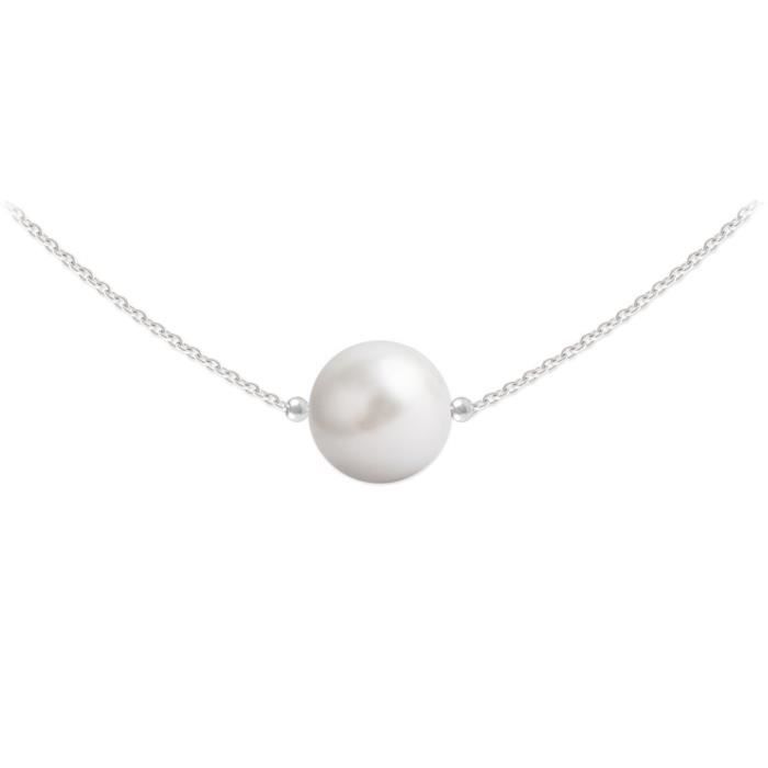 Collier Ras de Cou Argent 925 Perle Nacreee Ronde 10mm Swarovski Element - White