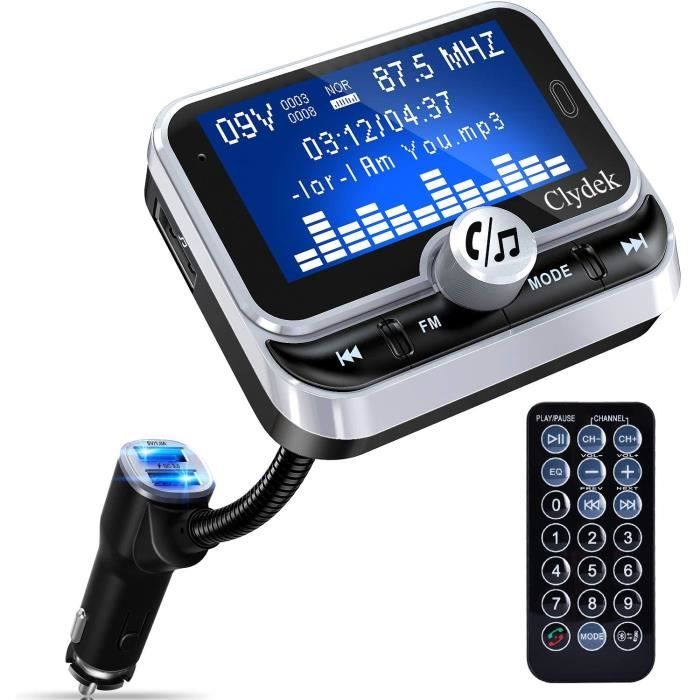 Transmetteur FM Bluetooth pour Voiture, Clydek Adaptateur de Chargeur de Voiture 1,8 - Grand écran avec Télécommande, Chargeur Rapid