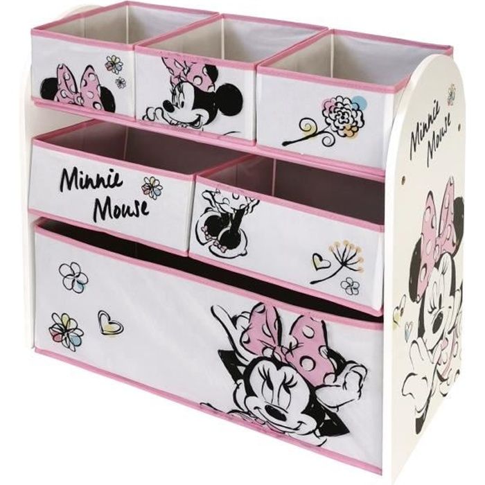 Organiseur en bois avec 6 paniers de rangement en tissu de Disney Minnie