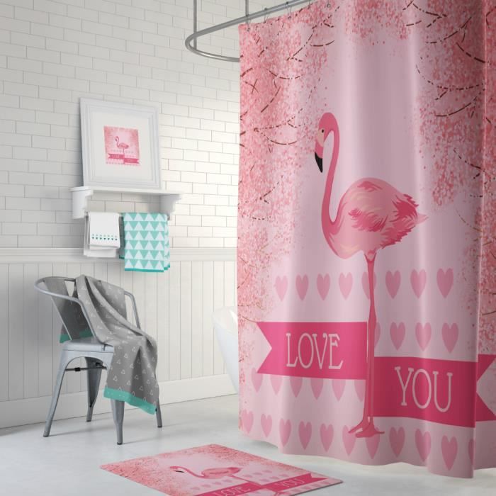 Rideau de douche Tropicale flamant coeurs love you anneaux inclus 3D effect imperméable 180 x 200 cm