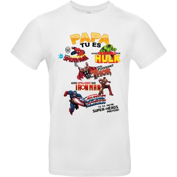 T-shirt homme Col Rond Papa tu es notre super-héros Préféré (M - Blanc - Col Rond - Manches courtes)