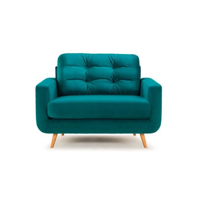 DANTE Fauteuil Capitonné en Velours Bleu Canard et Pieds Bois Massif Hêtre