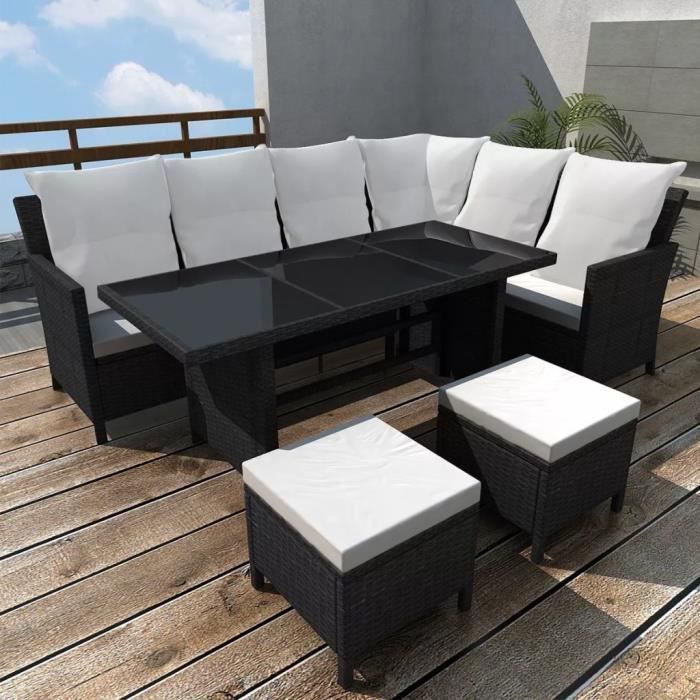 Mobilier de jardin 14 pcs pour 8 personnes Noir Résine tressée