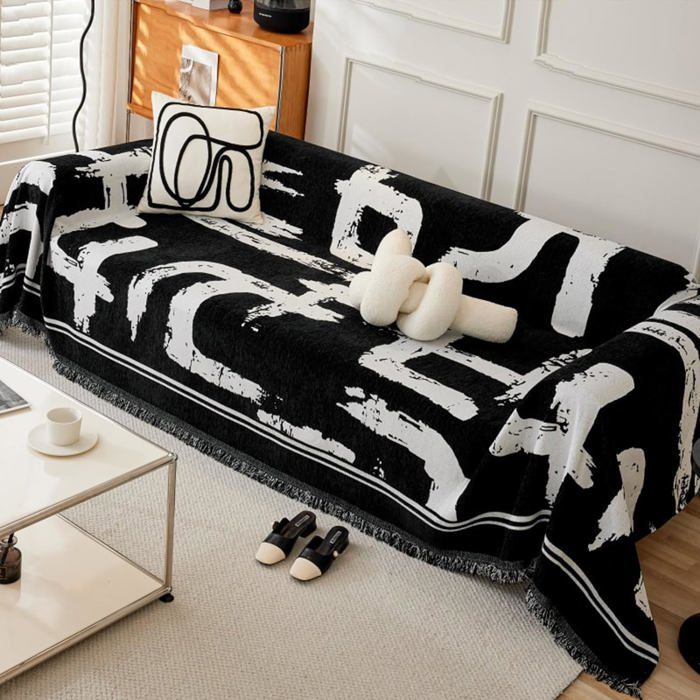 Plaid De Canapé 3 Places WOBblo - Dimensions 180x280 Cm, Tissu Chenille Jacquard, Glands Décoratifs, Couleur Beige