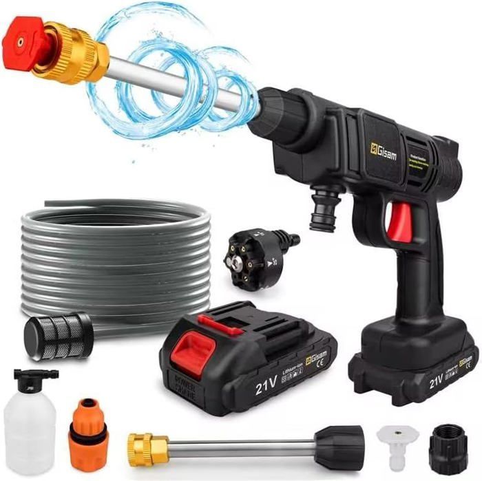 Nettoyeur Haute Pression Sans Fil 65 Bars – 2 Batteries 21V, Buse 6-en-1, 5m Tuyau, Idéal Voiture, Terrasse, Fenêtres