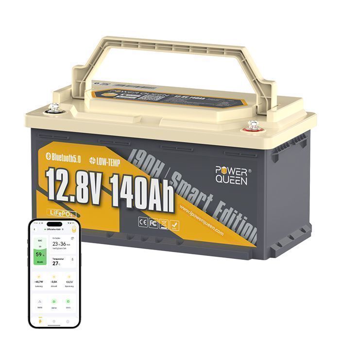 12V140Ah Batterie au lithium LiFePO4 sous sège 150A BMS Bluetooth 5.0 protetion de froid pour la Caravane camping-car PowerQueen