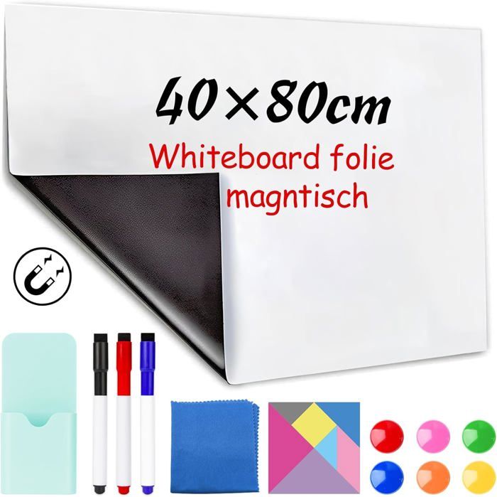 Tableau Blanc Magnétique Adhésif 44 X 90 Cm – Autocollant Effaçable à Sec, Inclut Marqueurs, Aimants, Lettres – Pour Bureau, école, Maison