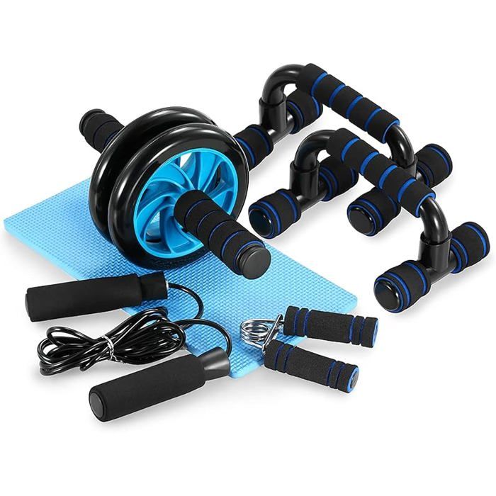 Kit Fitness 5-en-1 Unycos – Roue Abdos, Barres De Poussée, Corde à Sauter, Renforcement Main, Tapis – Noir