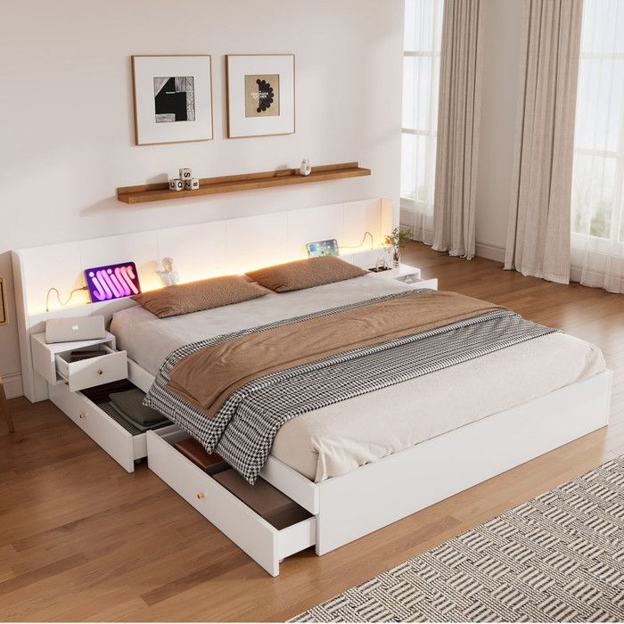 Lit double 180×200cm lit jeune avec port de charge et prise déclairage LED avec tiroirs de rangement et table de chevet blanc