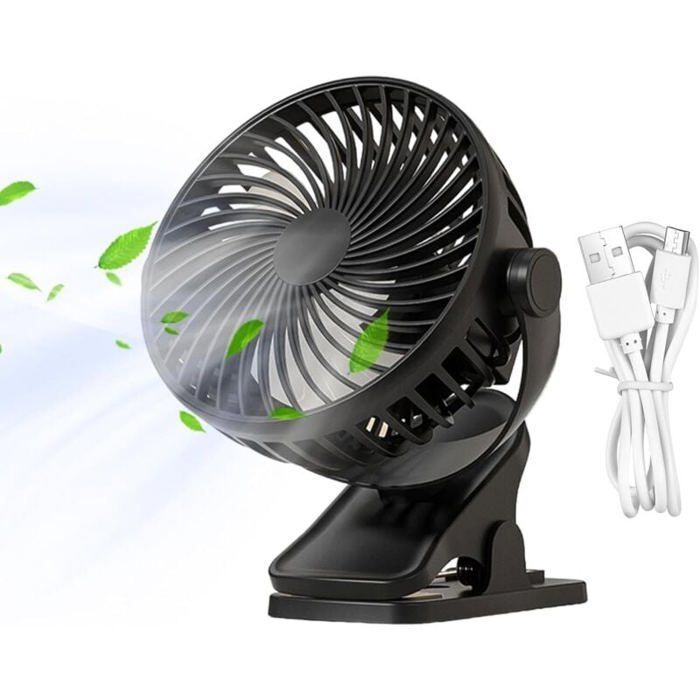 Ventilateur de chevet noir à pince petit ventilateur multifonction rechargeable pour poussettes voyages bureau chambre - Ayxhy