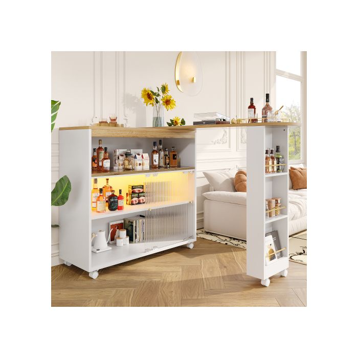 Table de bar extensible table de bar rétractable avec LED îlot de cuisine grand espace de rangement blanc(138-204×39×105cm)