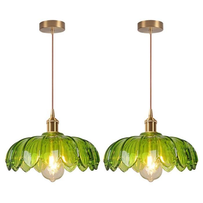 iDEGU 2x Lustre Vintage VertLampe de Plafond Vintage Abat-jour en Verre Design Fleurs E27 Suspension Luminaire Style Nordique25cm