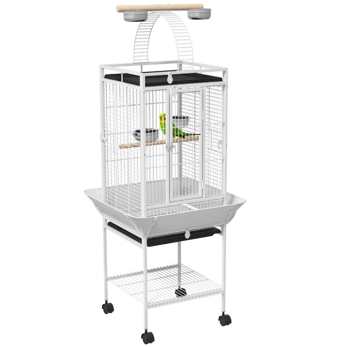 Comparer les prix de Cage oiseaux - PawHut - roulette - support plateau coulissant perchoir en bois - acier - 625x625x156cm - blanc