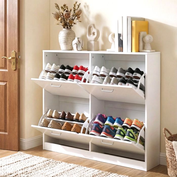 Meuble à Chaussures 4 Portes Battantes Séparateur Réglable pour 16 à 28 Paires de Chaussures 24 x 1055 x 827 cm Blanc Neige