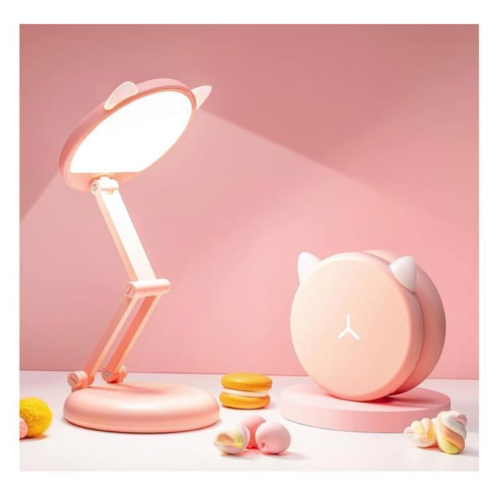 Lampe de Bureau sans Fil LED Rechargeable Portable 8 Luminosité+Graduable Lampe Rose en Forme de Chat 3600mAh Rechargeable Rose