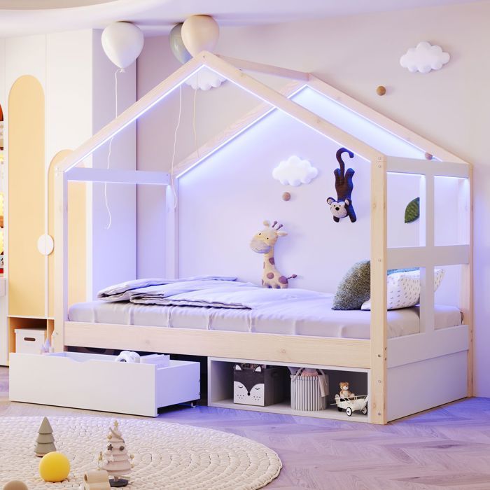 lit enfant 90x190 structure bois lit combine enfant tiroirs coulissants petit meuble chaussures LED multicolore