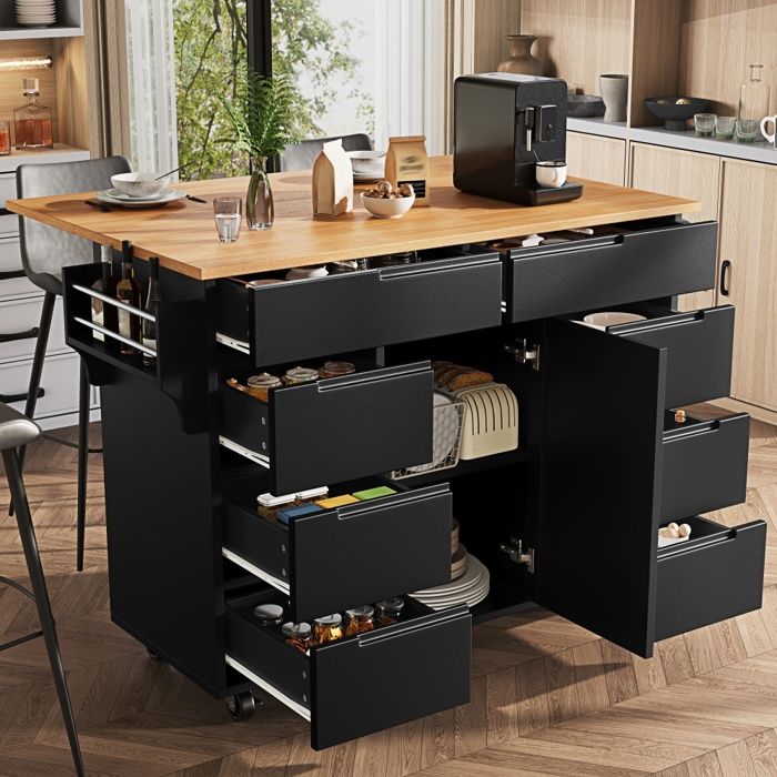 Îlot de cuisine - Desserte extensible à roulettes - Plateau rabattable - 8 tiroirs - Noir