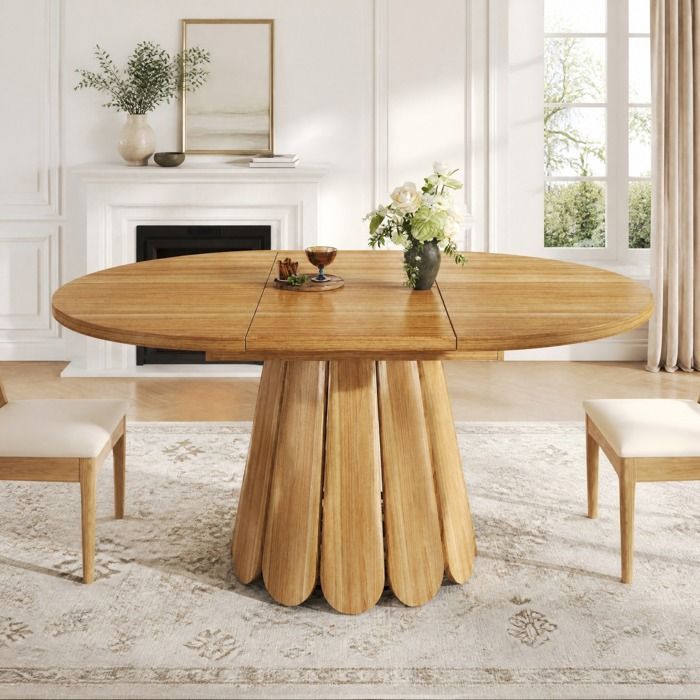 Table à manger ronde extensible 6 personnes plateau avec rangement - BEAUNIV - MDF métal marron aspect bois
