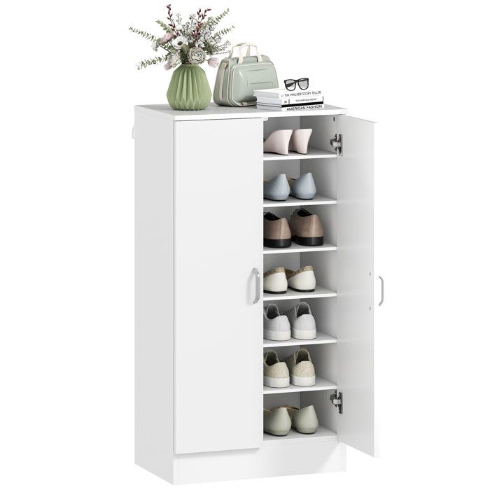 Meuble à chaussures - HOMCOM - 7 niveaux - 6 étagères réglables 2 portes à fermeture douce - bois - 55 x 35 x 108 cm - blanc