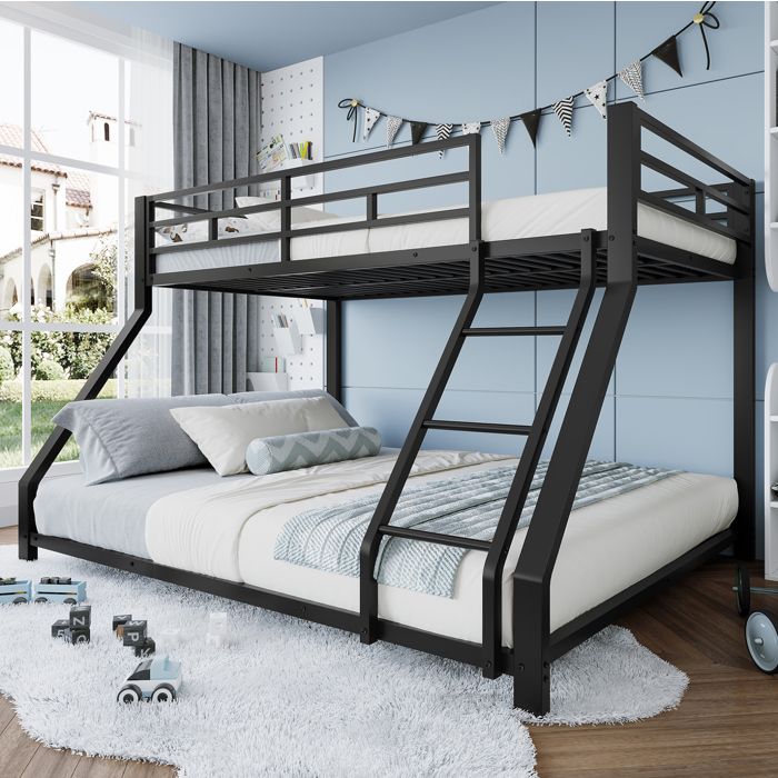 Lit Superposé 90x200cm+140x200cm Lit pour 2/3 Enfant avec Échelle Barrières de Sécurité et 2 sommiers Cadre en Métal Noir