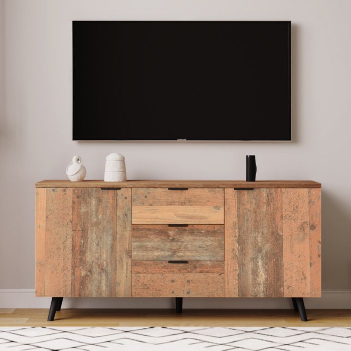 Meuble TV buffet bas vintage EVRYAE 140 cm avec 3 tiroirs et 2 portes étagères réglables brun antique