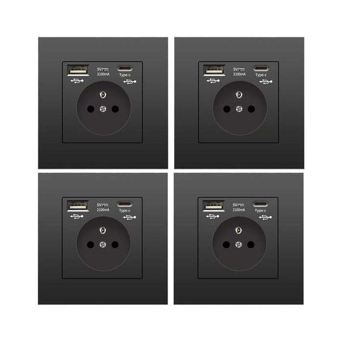 Lot de 4 prises murales UE avec USB + Type-C 5V 21A 110-250V noir