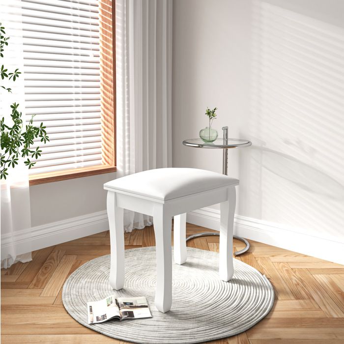HOMVRA Tabouret de coiffeuse blanc 43 x 33 x 45 cm assise rembourrée en PU pieds en bois massif